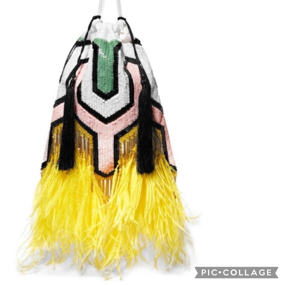 COPY - Preowned The Attico feather trimmed tasseled sequins pouch